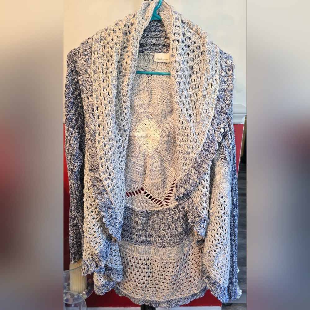 Womens Tribal Jeans Sweater Wide Collar Open Front Beautiful Pattern Size XL